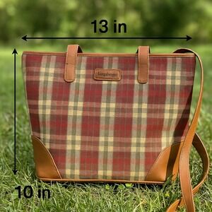 👜 Longaberger Plaid Fabric & Leather Tote Purse – Red Green Tan – 13" x 10"